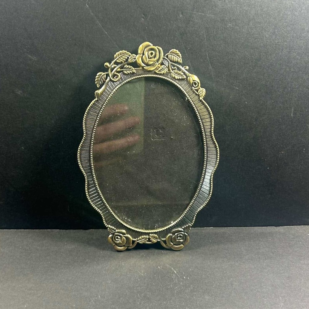 Metal Picture Frame Bronze Oval Rose Floral Vintage Victorian Small Size